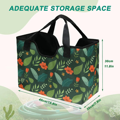 Garden Hose Storage Bag, 50-100FT Portable Expandable Hose Holder for RV, Camping & Car Washing, Waterproof Double-Layer Oxford Cloth Hose Bag for Yard, Camper & Outdoor Use (Green Flower)