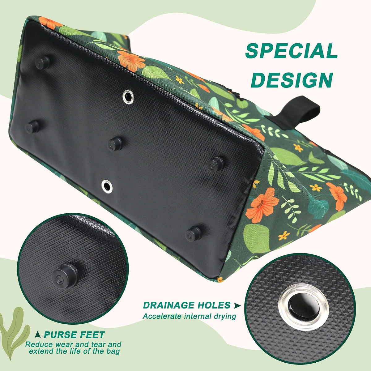 Garden Hose Storage Bag, 50-100FT Portable Expandable Hose Holder for RV, Camping & Car Washing, Waterproof Double-Layer Oxford Cloth Hose Bag for Yard, Camper & Outdoor Use (Green Flower)