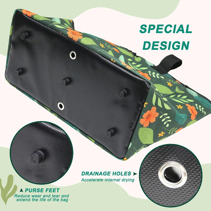 Garden Hose Storage Bag, 50-100FT Portable Expandable Hose Holder for RV, Camping & Car Washing, Waterproof Double-Layer Oxford Cloth Hose Bag for Yard, Camper & Outdoor Use (Green Flower)