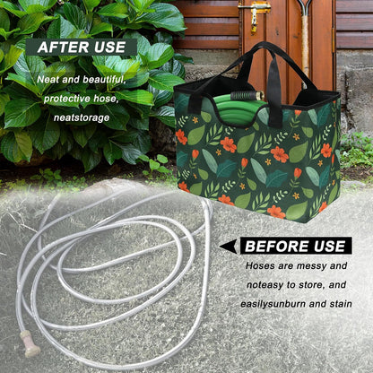 Garden Hose Storage Bag, 50-100FT Portable Expandable Hose Holder for RV, Camping & Car Washing, Waterproof Double-Layer Oxford Cloth Hose Bag for Yard, Camper & Outdoor Use (Green Flower)