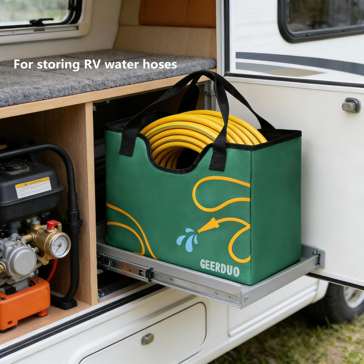 Garden Hose Storage Bag, 50-100FT Portable Expandable Hose Holder for RV, Camping & Car Washing, Waterproof Double-Layer Oxford Cloth Hose Bag for Yard, Camper & Outdoor Use (Green Flower)