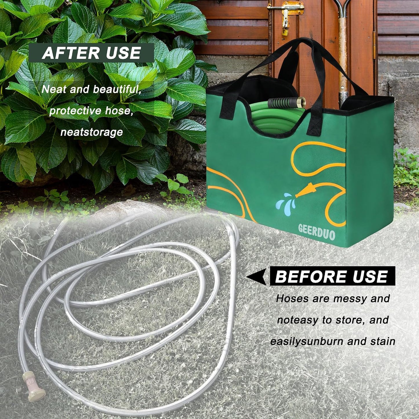 Garden Hose Storage Bag, 50-100FT Portable Expandable Hose Holder for RV, Camping & Car Washing, Waterproof Double-Layer Oxford Cloth Hose Bag for Yard, Camper & Outdoor Use (Green Flower)