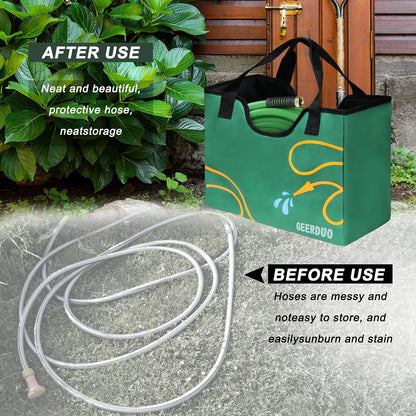 Garden Hose Storage Bag, 50-100FT Portable Expandable Hose Holder for RV, Camping & Car Washing, Waterproof Double-Layer Oxford Cloth Hose Bag for Yard, Camper & Outdoor Use (Green Flower)