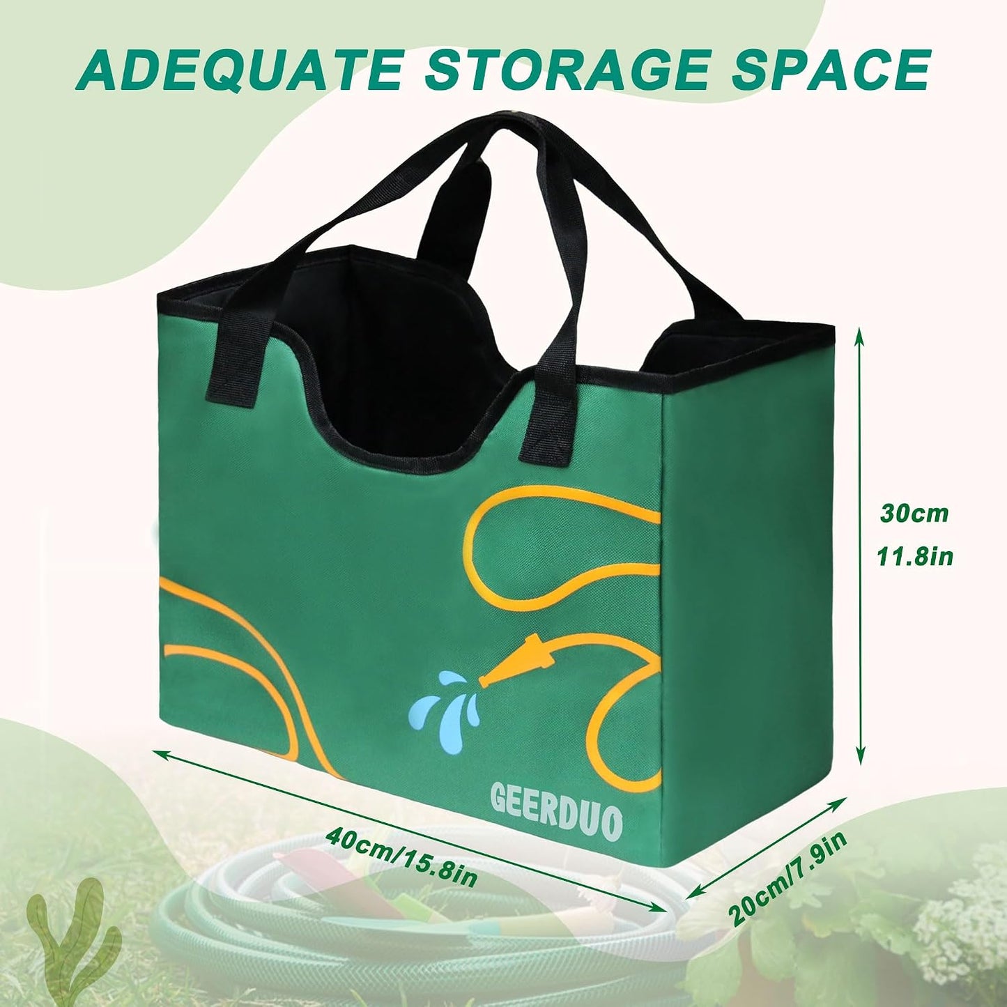 Garden Hose Storage Bag, 50-100FT Portable Expandable Hose Holder for RV, Camping & Car Washing, Waterproof Double-Layer Oxford Cloth Hose Bag for Yard, Camper & Outdoor Use (Green Flower)
