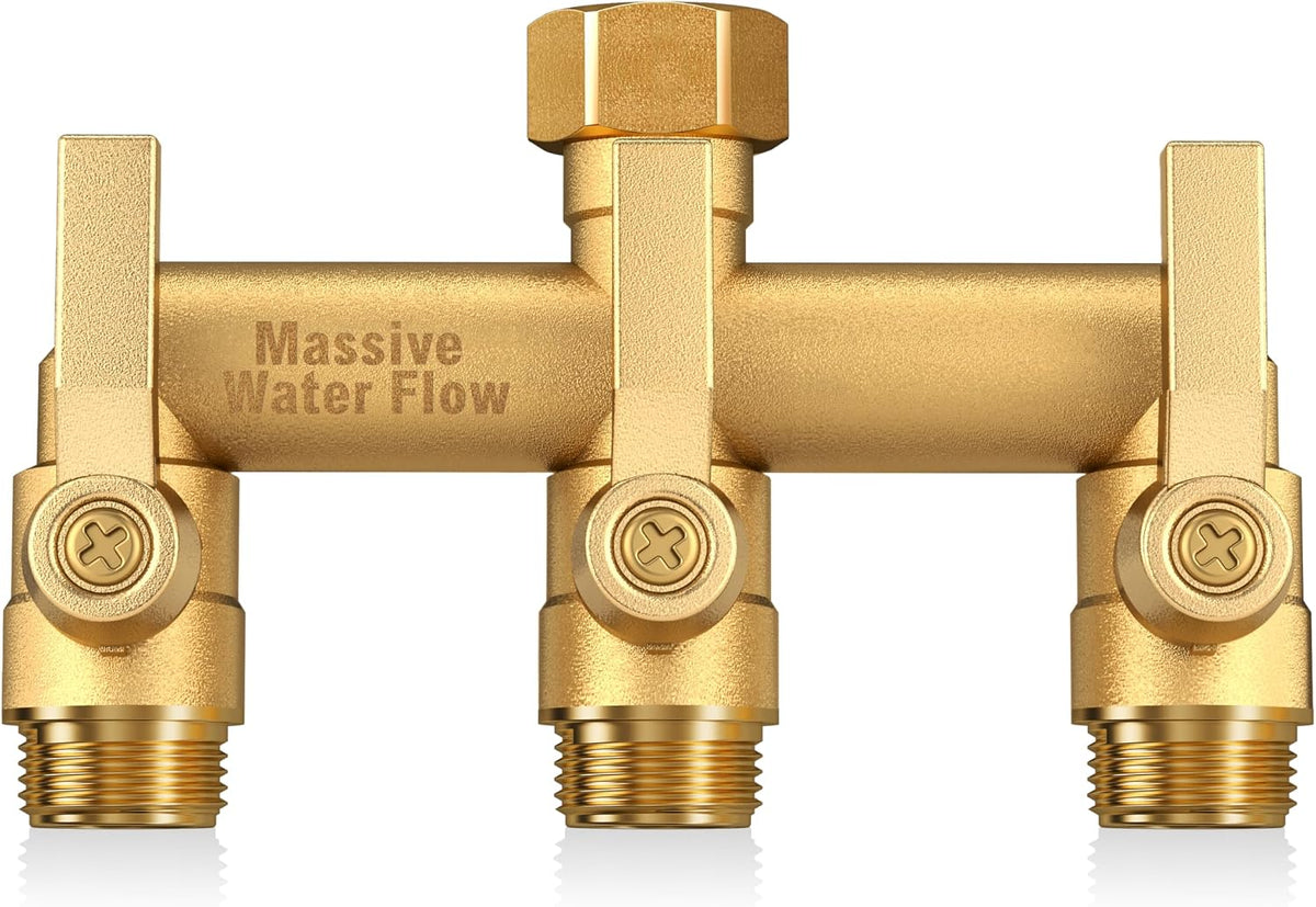3 Way Hose Splitter Heavy Duty, Solid Brass Full Flow Outdoor Faucet and Garden Hose Splitters, Water Spigot Splitter T Adapter, All Metal Water Connector with Shut-Off Valve, 3/4 - Inch GHT Thread