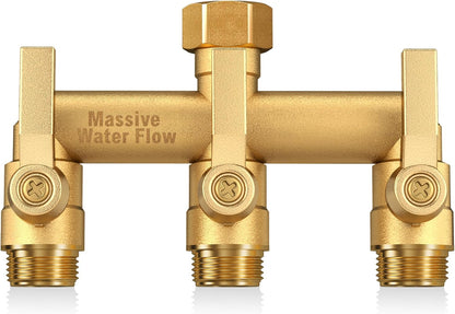 3 Way Hose Splitter Heavy Duty, Solid Brass Full Flow Outdoor Faucet and Garden Hose Splitters, Water Spigot Splitter T Adapter, All Metal Water Connector with Shut-Off Valve, 3/4 - Inch GHT Thread