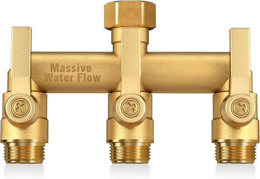 3 Way Hose Splitter Heavy Duty, Solid Brass Full Flow Outdoor Faucet and Garden Hose Splitters, Water Spigot Splitter T Adapter, All Metal Water Connector with Shut-Off Valve, 3/4 - Inch GHT Thread