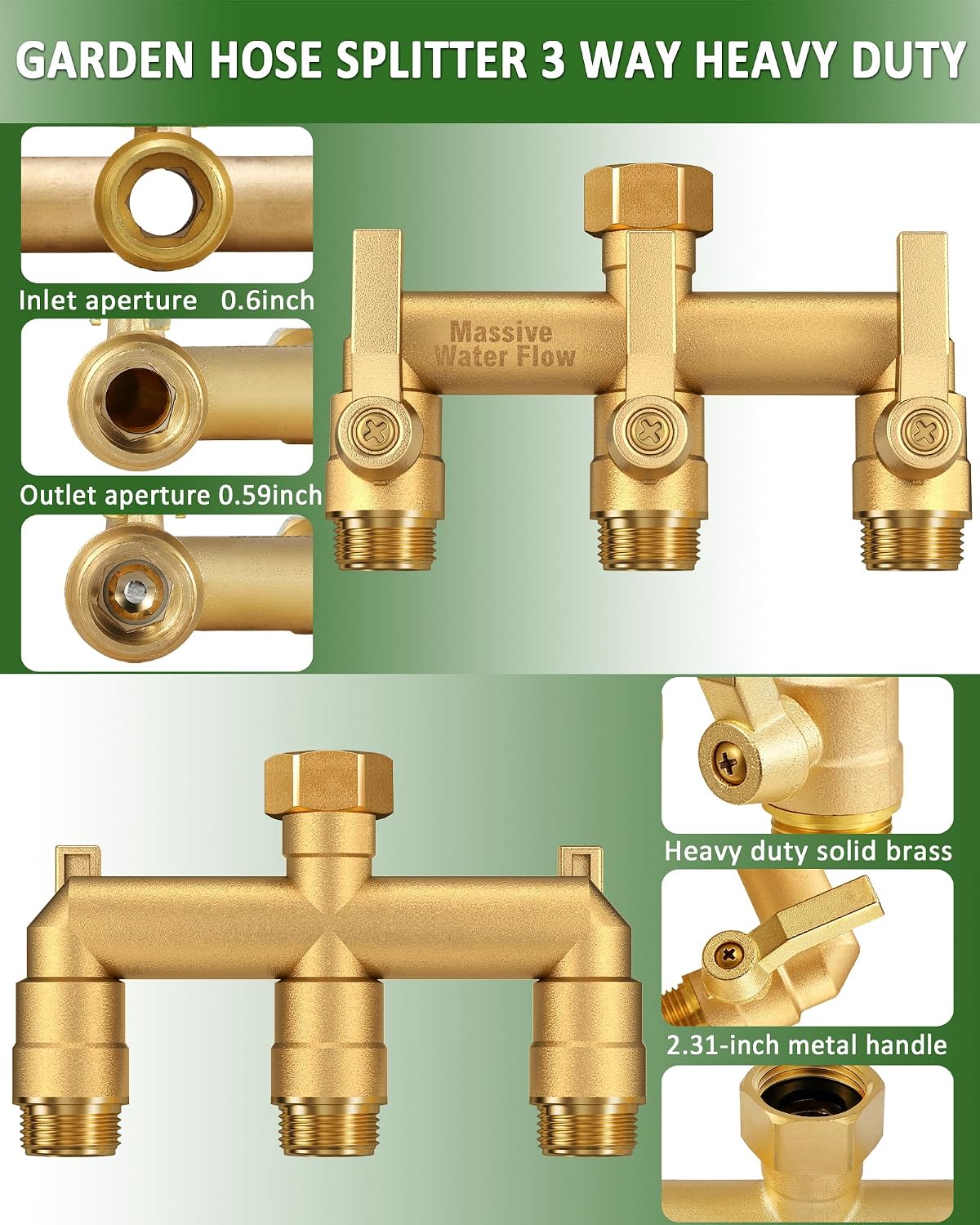 3 Way Hose Splitter Heavy Duty, Solid Brass Full Flow Outdoor Faucet and Garden Hose Splitters, Water Spigot Splitter T Adapter, All Metal Water Connector with Shut-Off Valve, 3/4 - Inch GHT Thread