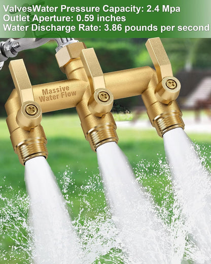 3 Way Hose Splitter Heavy Duty, Solid Brass Full Flow Outdoor Faucet and Garden Hose Splitters, Water Spigot Splitter T Adapter, All Metal Water Connector with Shut-Off Valve, 3/4 - Inch GHT Thread