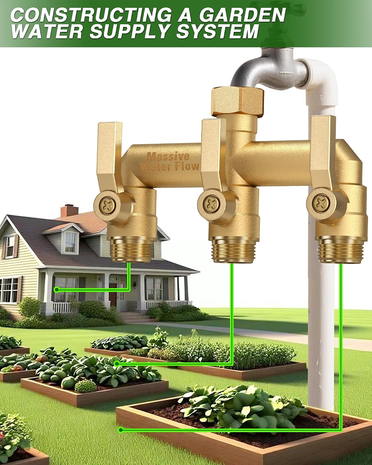3 Way Hose Splitter Heavy Duty, Solid Brass Full Flow Outdoor Faucet and Garden Hose Splitters, Water Spigot Splitter T Adapter, All Metal Water Connector with Shut-Off Valve, 3/4 - Inch GHT Thread