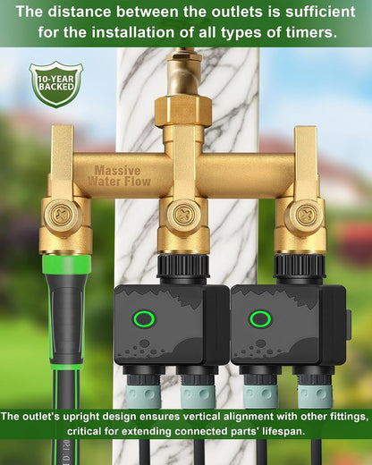 3 Way Hose Splitter Heavy Duty, Solid Brass Full Flow Outdoor Faucet and Garden Hose Splitters, Water Spigot Splitter T Adapter, All Metal Water Connector with Shut-Off Valve, 3/4 - Inch GHT Thread