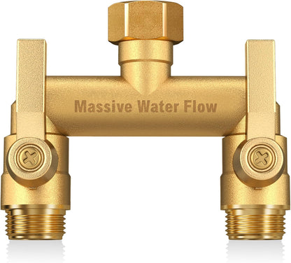 3 Way Hose Splitter Heavy Duty, Solid Brass Full Flow Outdoor Faucet and Garden Hose Splitters, Water Spigot Splitter T Adapter, All Metal Water Connector with Shut-Off Valve, 3/4 - Inch GHT Thread