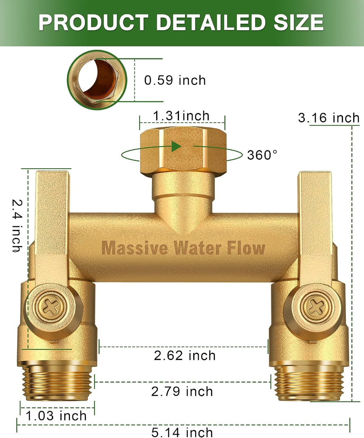 3 Way Hose Splitter Heavy Duty, Solid Brass Full Flow Outdoor Faucet and Garden Hose Splitters, Water Spigot Splitter T Adapter, All Metal Water Connector with Shut-Off Valve, 3/4 - Inch GHT Thread