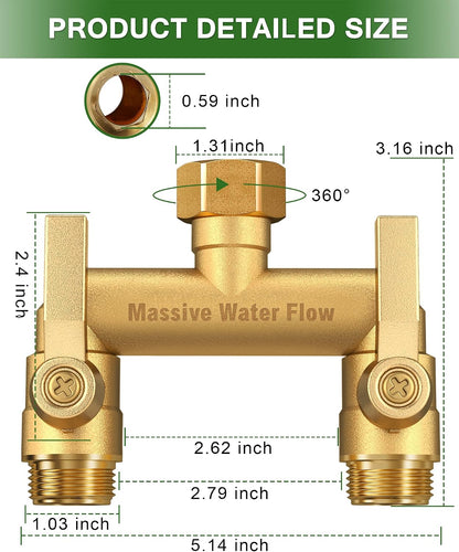 3 Way Hose Splitter Heavy Duty, Solid Brass Full Flow Outdoor Faucet and Garden Hose Splitters, Water Spigot Splitter T Adapter, All Metal Water Connector with Shut-Off Valve, 3/4 - Inch GHT Thread