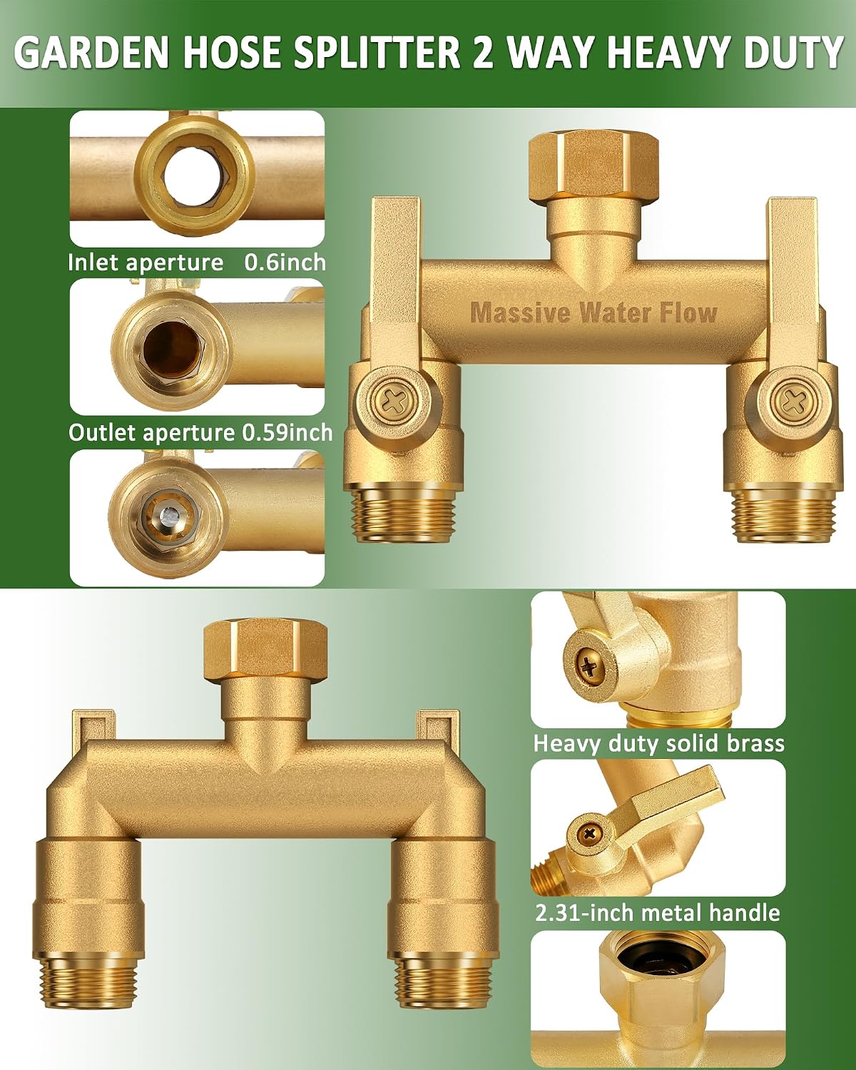 3 Way Hose Splitter Heavy Duty, Solid Brass Full Flow Outdoor Faucet and Garden Hose Splitters, Water Spigot Splitter T Adapter, All Metal Water Connector with Shut-Off Valve, 3/4 - Inch GHT Thread