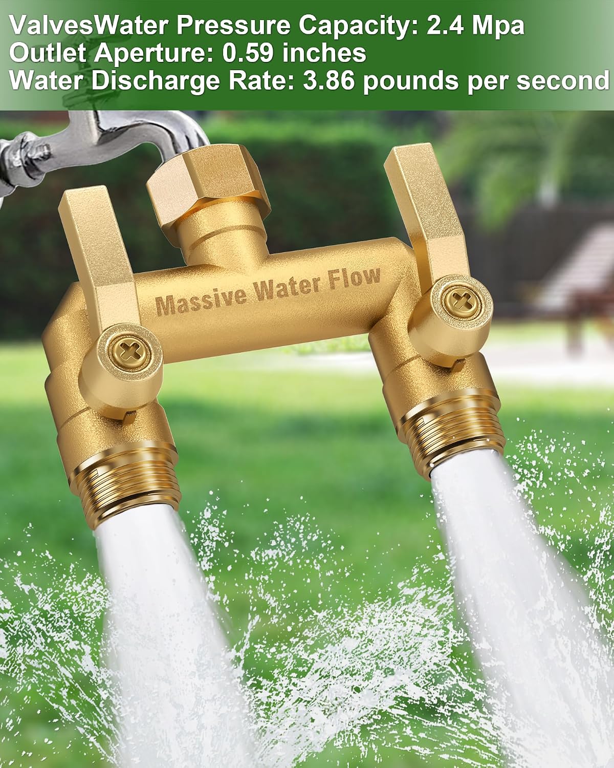 3 Way Hose Splitter Heavy Duty, Solid Brass Full Flow Outdoor Faucet and Garden Hose Splitters, Water Spigot Splitter T Adapter, All Metal Water Connector with Shut-Off Valve, 3/4 - Inch GHT Thread
