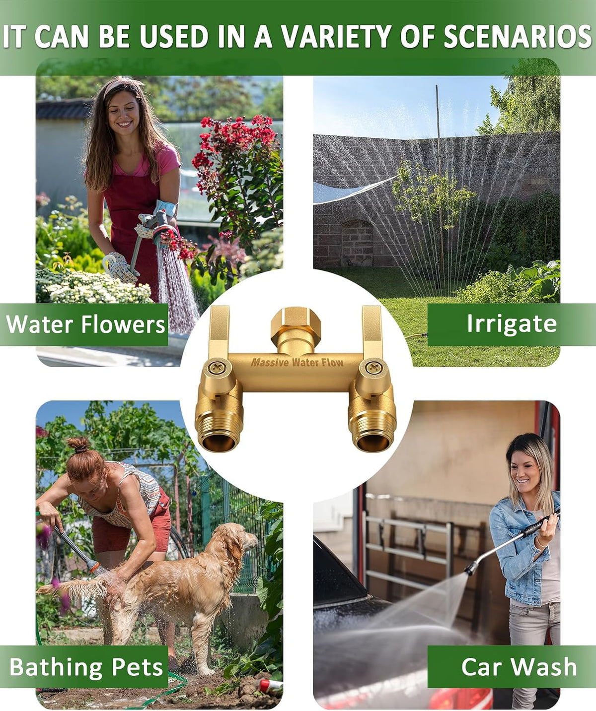 3 Way Hose Splitter Heavy Duty, Solid Brass Full Flow Outdoor Faucet and Garden Hose Splitters, Water Spigot Splitter T Adapter, All Metal Water Connector with Shut-Off Valve, 3/4 - Inch GHT Thread