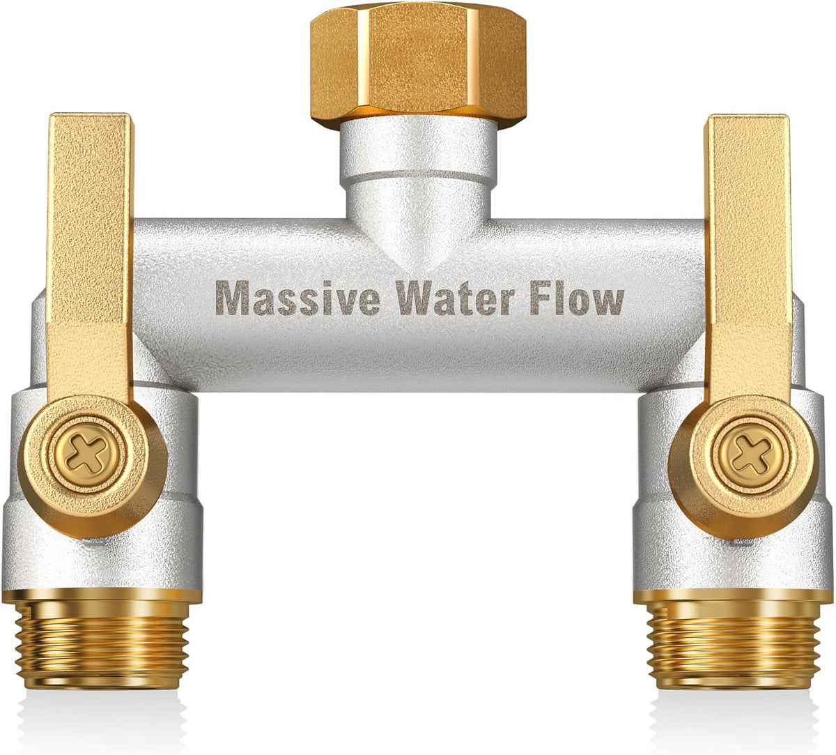 3 Way Hose Splitter Heavy Duty, Solid Brass Full Flow Outdoor Faucet and Garden Hose Splitters, Water Spigot Splitter T Adapter, All Metal Water Connector with Shut-Off Valve, 3/4 - Inch GHT Thread