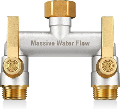 3 Way Hose Splitter Heavy Duty, Solid Brass Full Flow Outdoor Faucet and Garden Hose Splitters, Water Spigot Splitter T Adapter, All Metal Water Connector with Shut-Off Valve, 3/4 - Inch GHT Thread