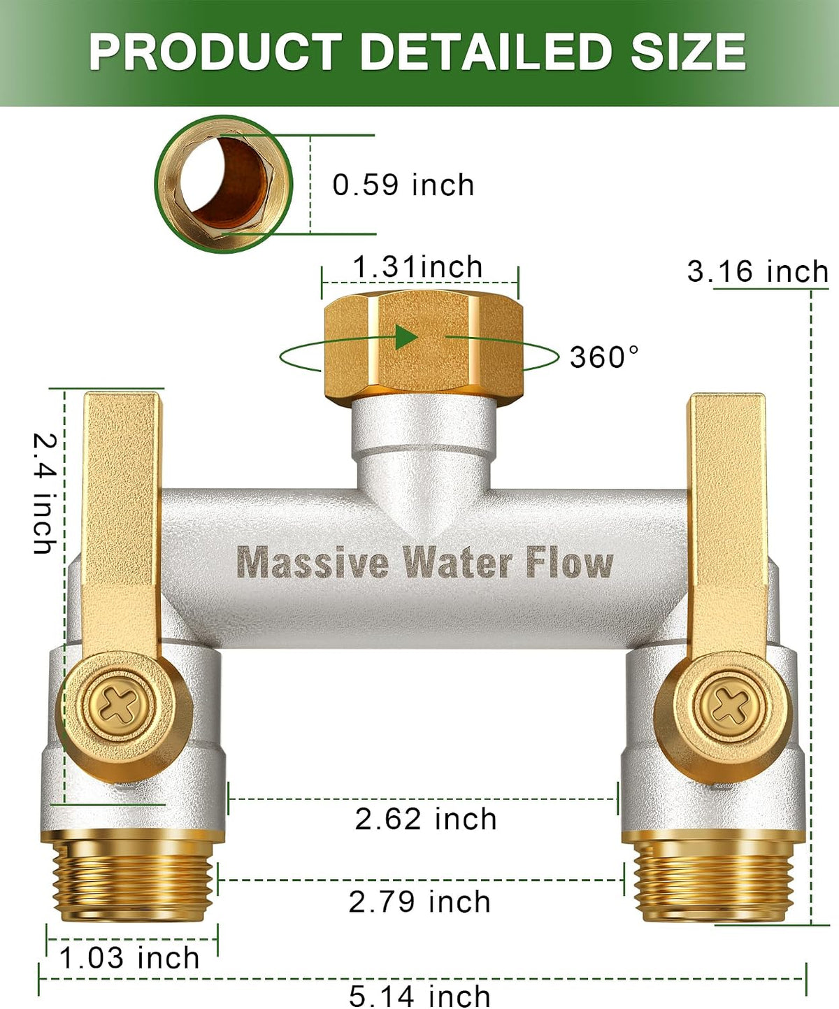 3 Way Hose Splitter Heavy Duty, Solid Brass Full Flow Outdoor Faucet and Garden Hose Splitters, Water Spigot Splitter T Adapter, All Metal Water Connector with Shut-Off Valve, 3/4 - Inch GHT Thread