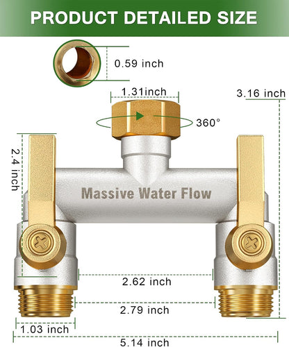 3 Way Hose Splitter Heavy Duty, Solid Brass Full Flow Outdoor Faucet and Garden Hose Splitters, Water Spigot Splitter T Adapter, All Metal Water Connector with Shut-Off Valve, 3/4 - Inch GHT Thread