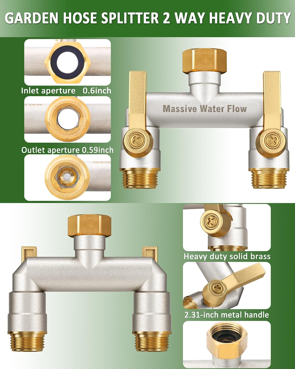 3 Way Hose Splitter Heavy Duty, Solid Brass Full Flow Outdoor Faucet and Garden Hose Splitters, Water Spigot Splitter T Adapter, All Metal Water Connector with Shut-Off Valve, 3/4 - Inch GHT Thread