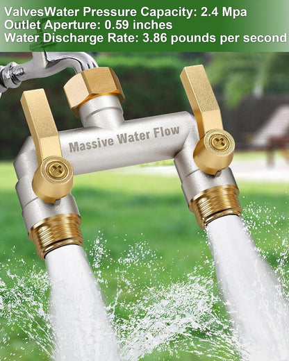 3 Way Hose Splitter Heavy Duty, Solid Brass Full Flow Outdoor Faucet and Garden Hose Splitters, Water Spigot Splitter T Adapter, All Metal Water Connector with Shut-Off Valve, 3/4 - Inch GHT Thread