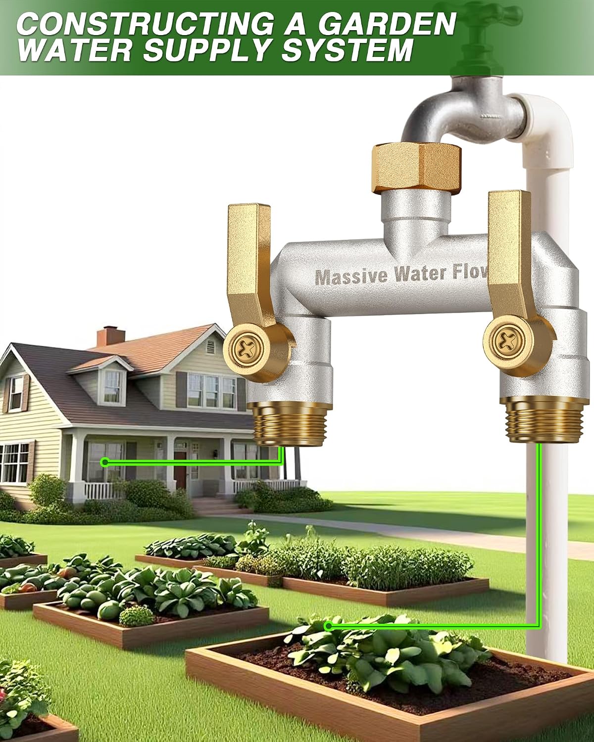 3 Way Hose Splitter Heavy Duty, Solid Brass Full Flow Outdoor Faucet and Garden Hose Splitters, Water Spigot Splitter T Adapter, All Metal Water Connector with Shut-Off Valve, 3/4 - Inch GHT Thread