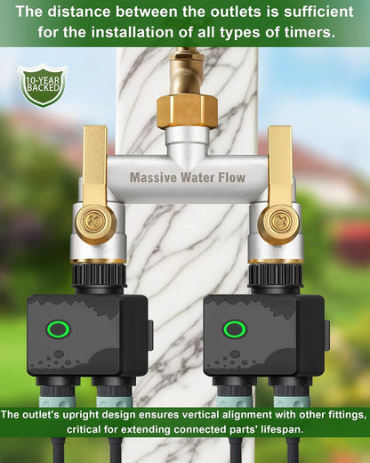 3 Way Hose Splitter Heavy Duty, Solid Brass Full Flow Outdoor Faucet and Garden Hose Splitters, Water Spigot Splitter T Adapter, All Metal Water Connector with Shut-Off Valve, 3/4 - Inch GHT Thread