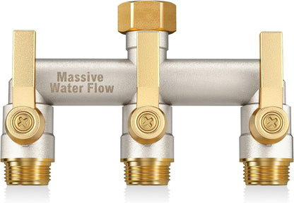 3 Way Hose Splitter Heavy Duty, Solid Brass Full Flow Outdoor Faucet and Garden Hose Splitters, Water Spigot Splitter T Adapter, All Metal Water Connector with Shut-Off Valve, 3/4 - Inch GHT Thread