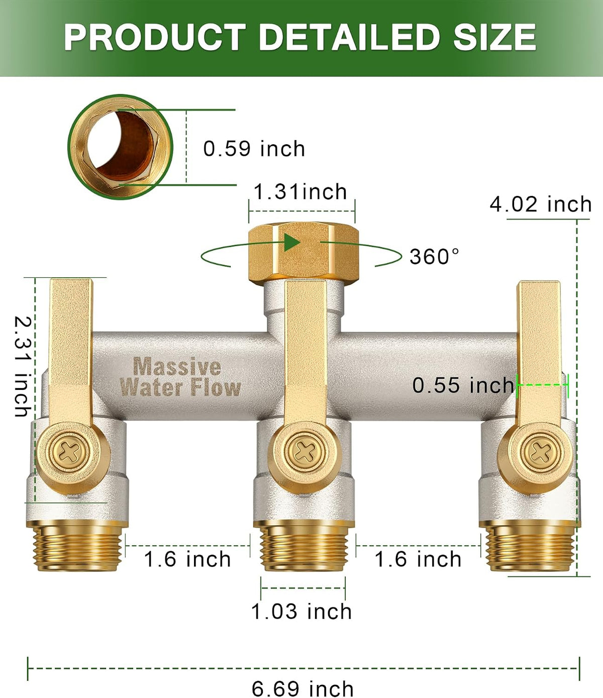 3 Way Hose Splitter Heavy Duty, Solid Brass Full Flow Outdoor Faucet and Garden Hose Splitters, Water Spigot Splitter T Adapter, All Metal Water Connector with Shut-Off Valve, 3/4 - Inch GHT Thread