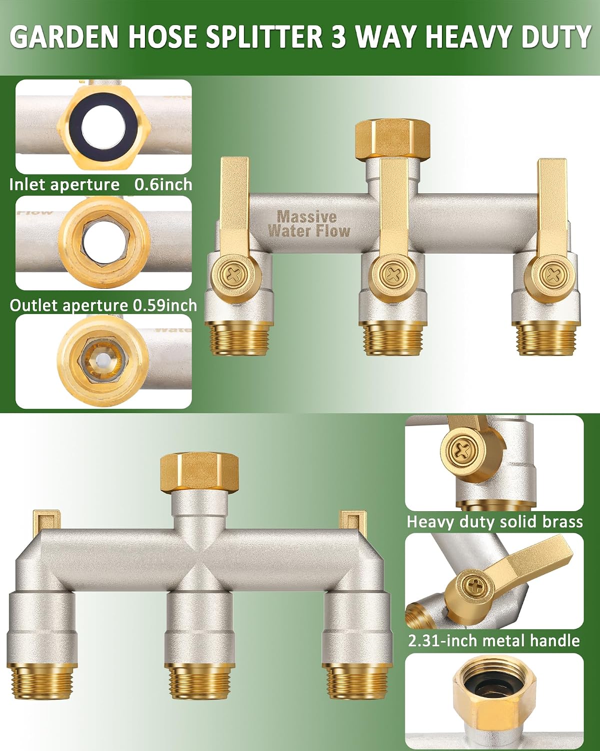 3 Way Hose Splitter Heavy Duty, Solid Brass Full Flow Outdoor Faucet and Garden Hose Splitters, Water Spigot Splitter T Adapter, All Metal Water Connector with Shut-Off Valve, 3/4 - Inch GHT Thread