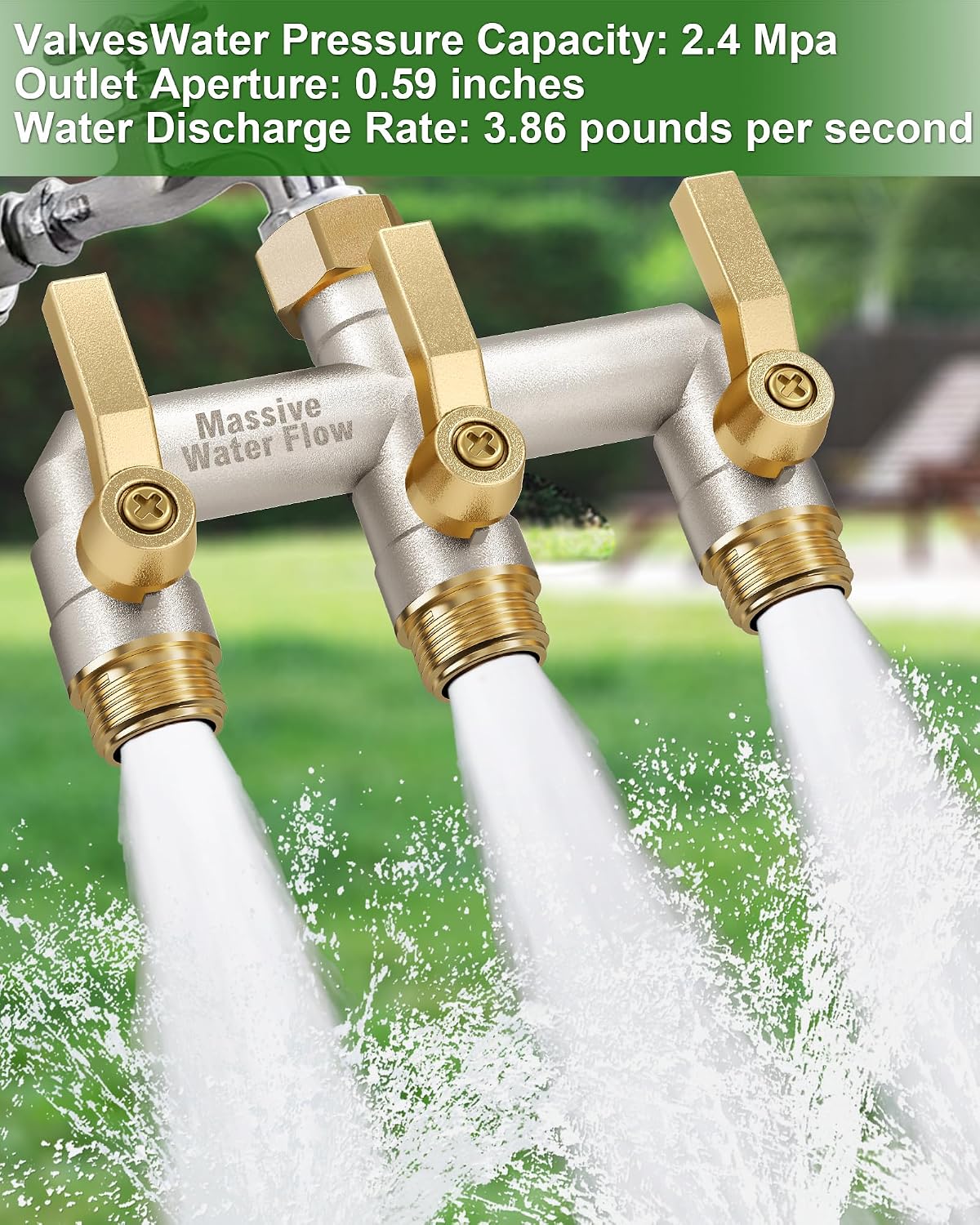 3 Way Hose Splitter Heavy Duty, Solid Brass Full Flow Outdoor Faucet and Garden Hose Splitters, Water Spigot Splitter T Adapter, All Metal Water Connector with Shut-Off Valve, 3/4 - Inch GHT Thread