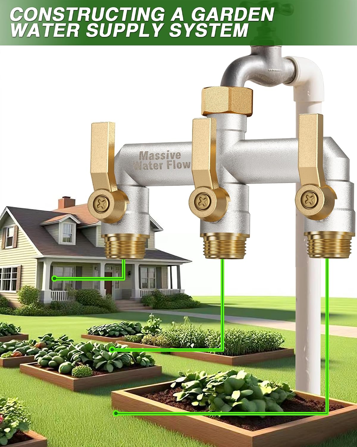 3 Way Hose Splitter Heavy Duty, Solid Brass Full Flow Outdoor Faucet and Garden Hose Splitters, Water Spigot Splitter T Adapter, All Metal Water Connector with Shut-Off Valve, 3/4 - Inch GHT Thread