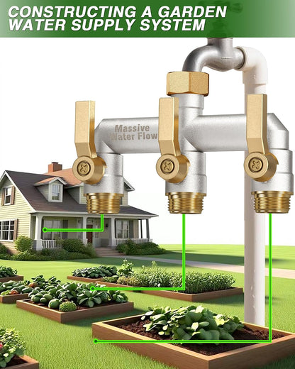 3 Way Hose Splitter Heavy Duty, Solid Brass Full Flow Outdoor Faucet and Garden Hose Splitters, Water Spigot Splitter T Adapter, All Metal Water Connector with Shut-Off Valve, 3/4 - Inch GHT Thread