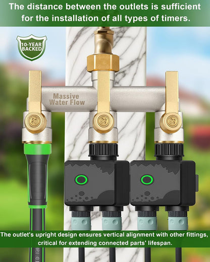 3 Way Hose Splitter Heavy Duty, Solid Brass Full Flow Outdoor Faucet and Garden Hose Splitters, Water Spigot Splitter T Adapter, All Metal Water Connector with Shut-Off Valve, 3/4 - Inch GHT Thread