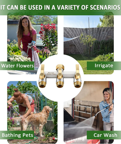 3 Way Hose Splitter Heavy Duty, Solid Brass Full Flow Outdoor Faucet and Garden Hose Splitters, Water Spigot Splitter T Adapter, All Metal Water Connector with Shut-Off Valve, 3/4 - Inch GHT Thread