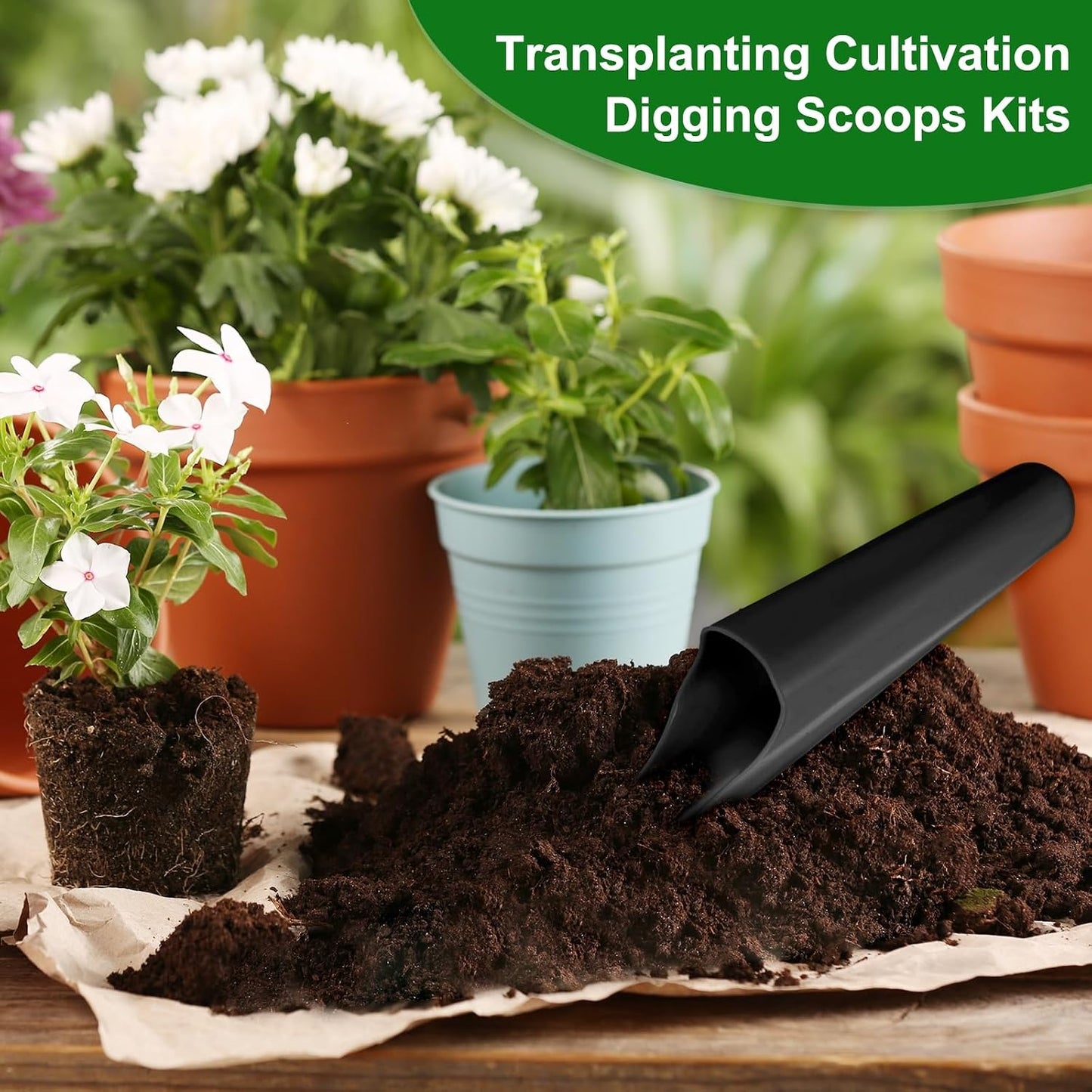 2-Pack Bonsai Soil Scoops, Plastic Garden Soil Scoops Bucket Shovel Potting Scoopers for Transplanting/Flower Planting/Plant Succulent, Colorful Small Gardening Tools [Black]