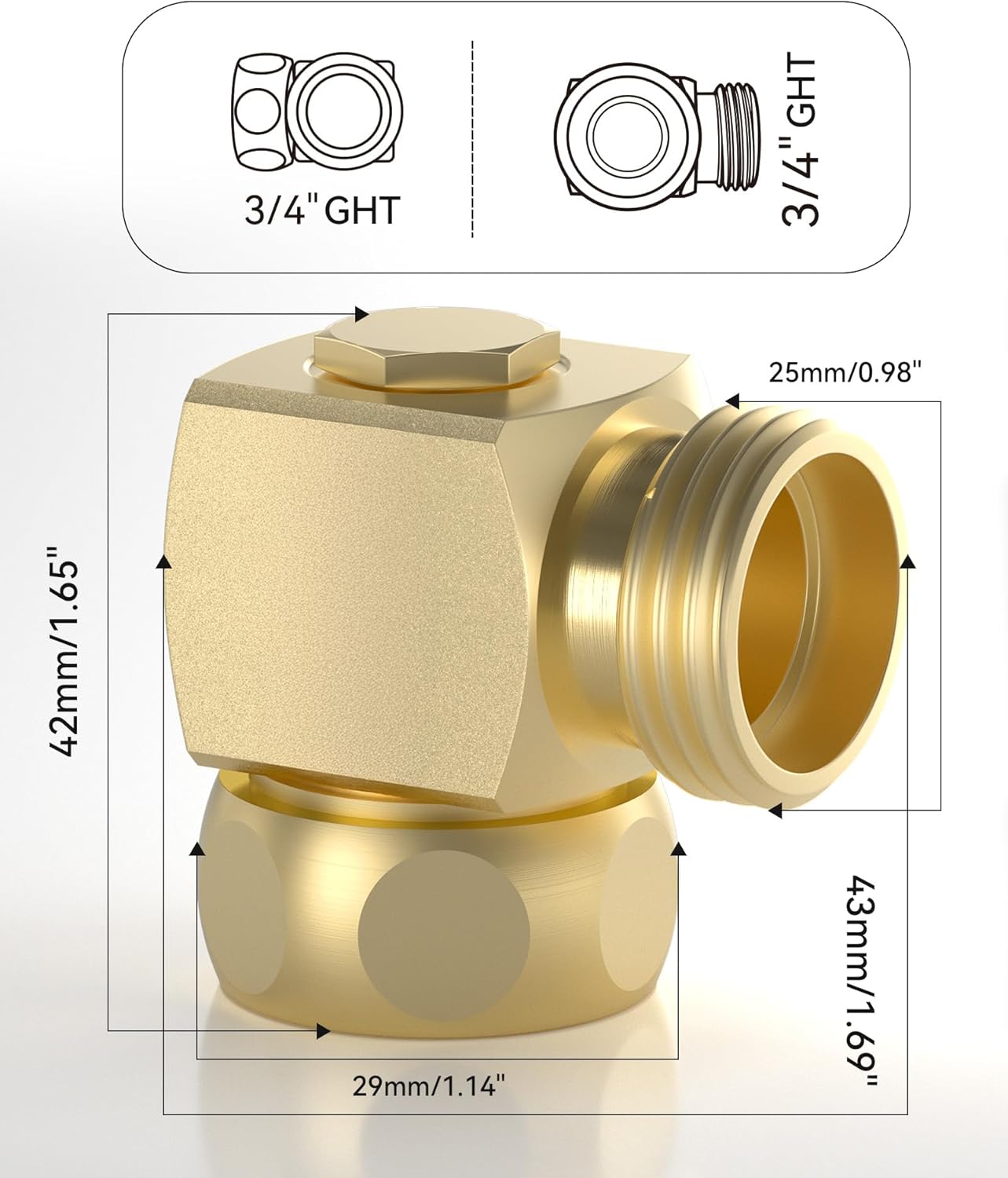 90 Degree Hose Elbow-360 Degree Swivel, 3/4" GHT Garden Hose Connector/Adapter, Solid Brass Water Hose Fittings for RV, Outdoor Faucet, Spigot,Easy Installation(2 Pack)