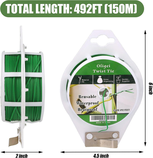 Green Garden Wire, Sturdy Plant Ties for Support with Cutter, 492FT/150m, Indoor, Outdoor, Home and Office Use
