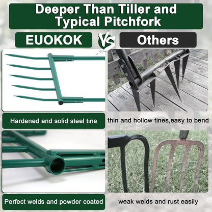 Broad Fork Garden Tool, 5 Tines Heavy-Duty U-Shaped Hand Tiller