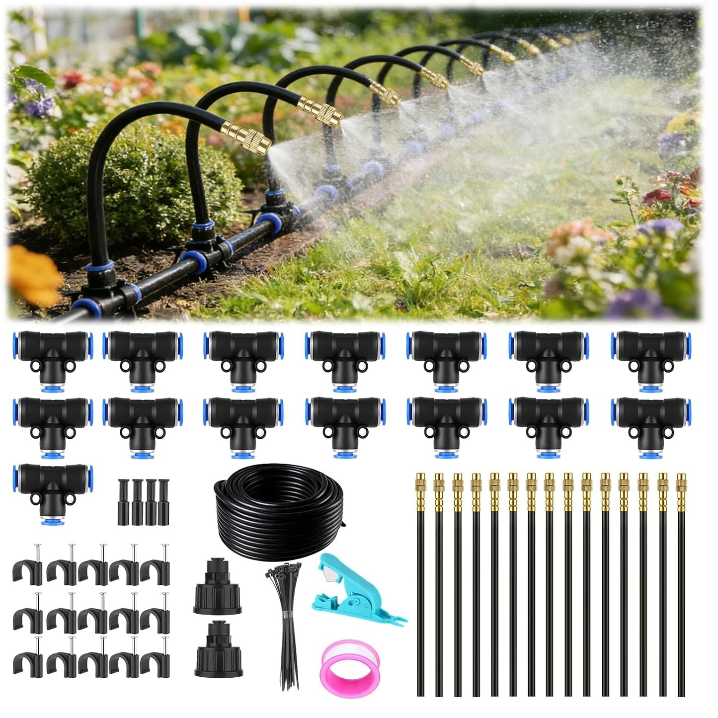 50FT Drip Irrigation System, 1/4" Garden Watering Misting System for Plant