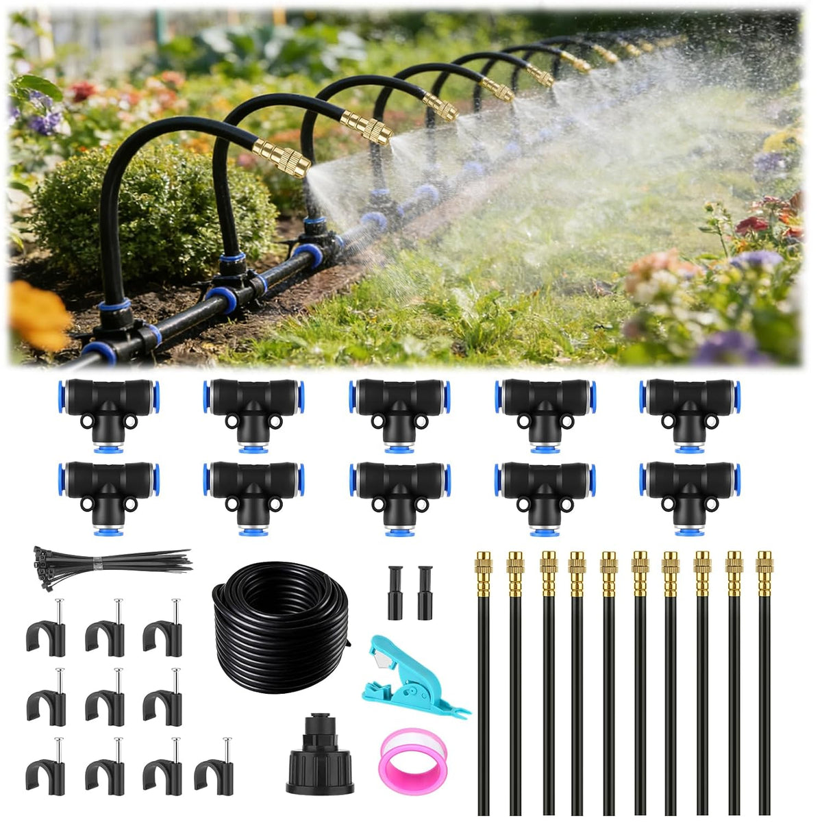 50FT Drip Irrigation System, 1/4" Garden Watering Misting System for Plant
