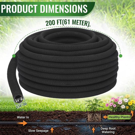 50 ft Soaker Hose 3/8" ID x 0.58" OD Drip Irrigation Hose Tubing Porous Black Drip Irrigation Line for Watering, Garden, Vegetable Planters, Borders, Lawns, and Yard