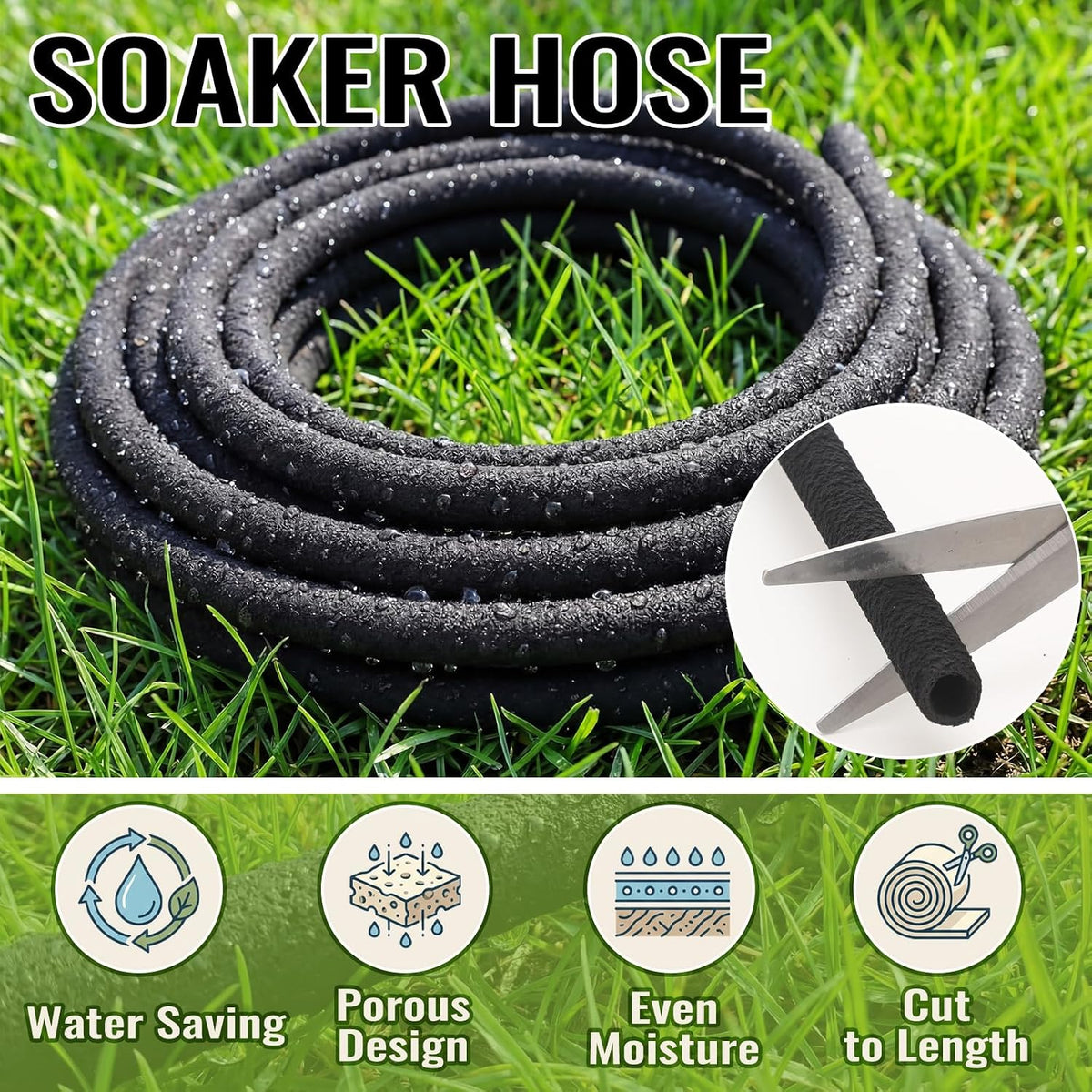 50 ft Soaker Hose 3/8" ID x 0.58" OD Drip Irrigation Hose Tubing Porous Black Drip Irrigation Line for Watering, Garden, Vegetable Planters, Borders, Lawns, and Yard