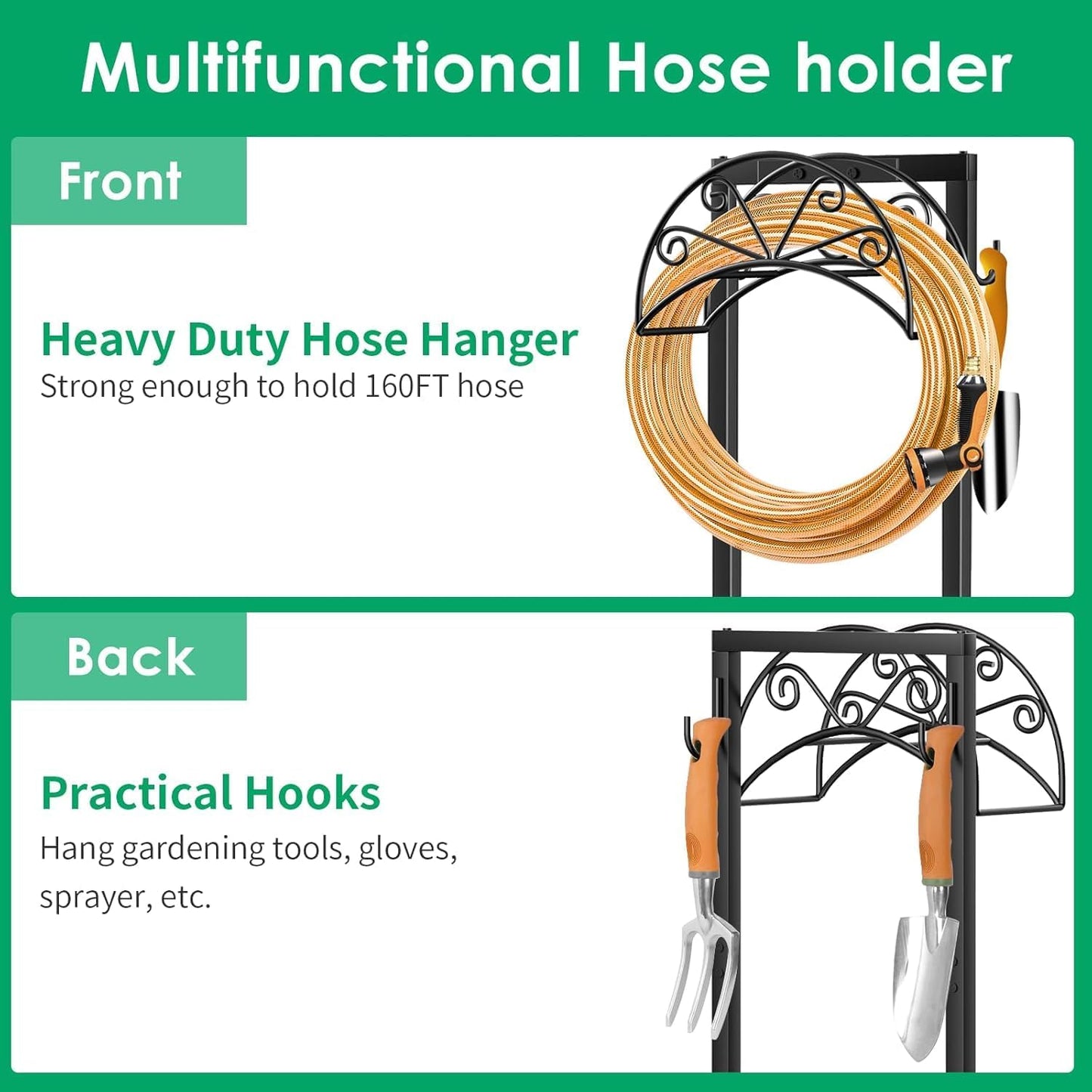 Garden Hose Holder, Heavy Duty Stand for 160FT Hose with 4 Spikes