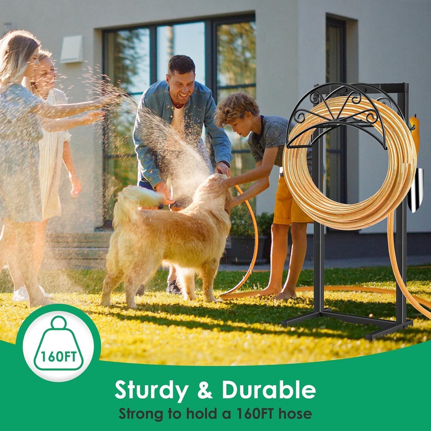 Garden Hose Holder, Heavy Duty Stand for 160FT Hose with 4 Spikes