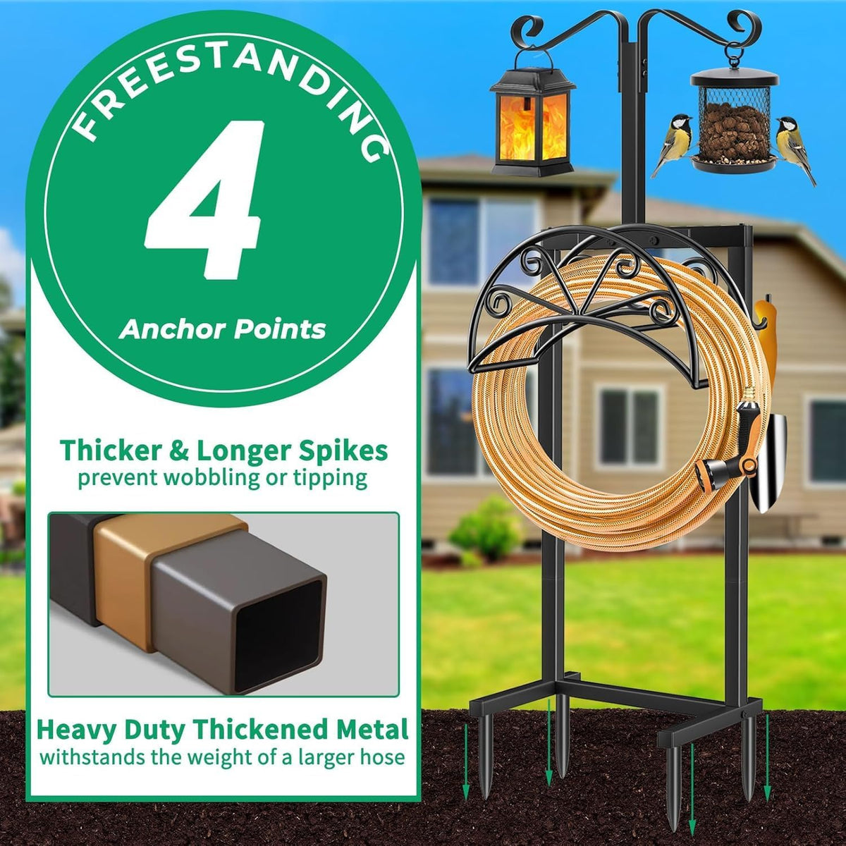 Garden Hose Holder, Heavy Duty Stand for 160FT Hose with 4 Spikes