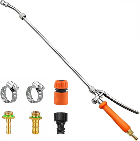 All Metal Sprayer Wand,1/4" & 3/8" & 1/2" Brass Barbs Sprayer Wand Replacement, Built-in Shut Valve Stainless Steel & 2 Hose Clamps