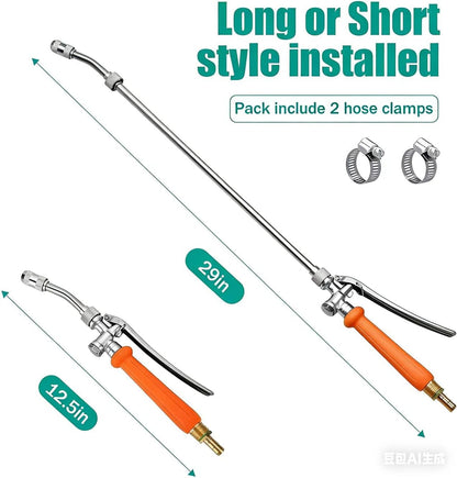 All Metal Sprayer Wand,1/4" & 3/8" & 1/2" Brass Barbs Sprayer Wand Replacement, Built-in Shut Valve Stainless Steel & 2 Hose Clamps